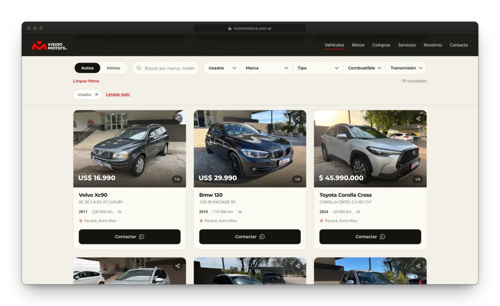 Sitio web con stock sincronizado para concesionaria